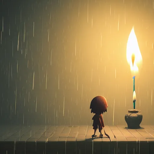 Image similar to a small child holding a candle in a room full of monsters, in the style of little nightmares, intricate digital art, octane, unreal 5, hyperrealist, rain, fog, sharp, studio, 8 5 mm sigma art lens, trending on artstation, breathtaking, groundbreaking, award winning, 8 k