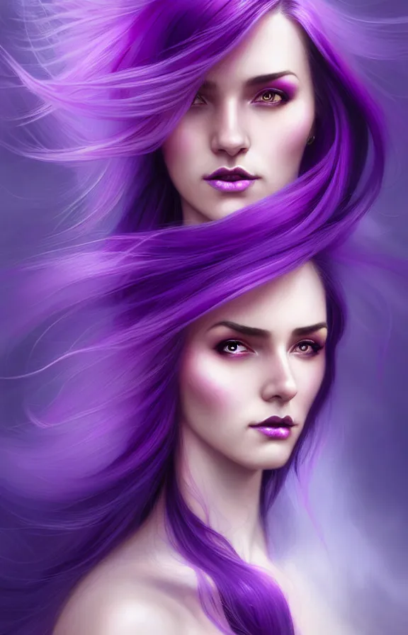 Image similar to Purple hair relistic Portrait of a woman with bright colored flying hair, all shades of purple. 100 mm, Beauty face, Hair coloring, fantasy, intricate, elegant, highly detailed, digital painting, artstation, concept art, smooth, sharp focus, illustration, art by artgerm and greg rutkowski and alphonse mucha