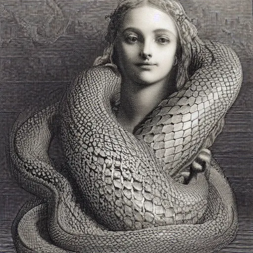 Image similar to young woman with multiple python heads, Engraving by Gustave Doré