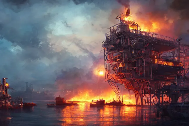 Image similar to a highly detailed matte painting of a soviet steampunk oil rig on fire at night by studio ghibli, makoto shinkai, by artgerm, by wlop, by greg rutkowski, volumetric lighting, octane render, 4 k resolution, trending on artstation, masterpiece
