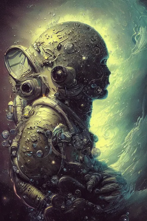 Image similar to close up shot of a full body floating astronaut portrait water elemental, high contrast, james gurney, peter mohrbacher, mike mignola, black paper, mandelbulb fractal, trending on artstation, exquisite detail perfect, large brush strokes, intricate ink illustration, black background