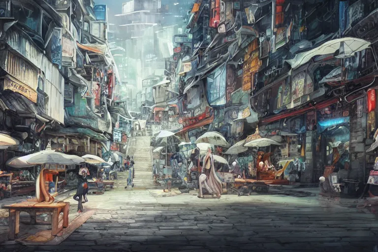 Image similar to dynamic composition, motion, ultra - detailed, incredibly detailed, a lot of details, amazing fine details and brush strokes, colorful and grayish palette, smooth, hd semirealistic anime cg concept art digital painting, watercolor oil painting of scenes without people, in asian city in style of cytus and deemo, blue flame, relaxing, calm and mysterious vibes