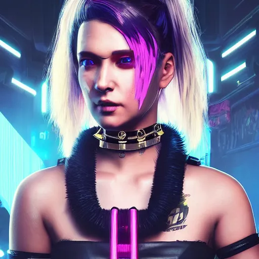 Image similar to female V from Cyberpunk 2077 wearing spiked choker, collar, choker, punk, collar, 4K, realistic, spiked collar, portrait, art, beautiful,