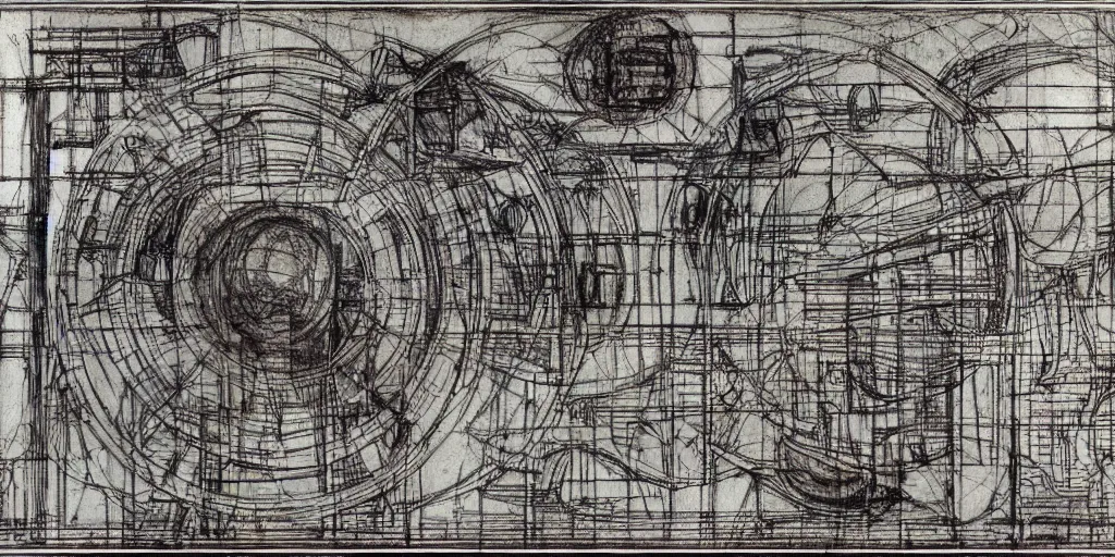 Image similar to leonardo da vinci color intricate full page scan blueprint of an environmental turbine machine, on paper, sketch ink style, :: ultra-detailed technical precision :: mixed media with white and silver lines, realistic composition, point of interest at golden ratio, light from right, more darkness on the bottom, monumentally art composition, high quality of sketching with subtle hairlines, highly detailed rounded forms, inside out and outside in, octane render