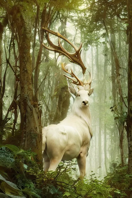 Prompt: Magical White Stag in the distance, lush green deep forest, cold light, art nouveau, 4K, character concept art, oil painting, digital painting, painterly, trending in artstation, cgsociety, by Alphonse Mucha, Artgerm, Greg Rutkowski, Tom Bagshaw, Sargent