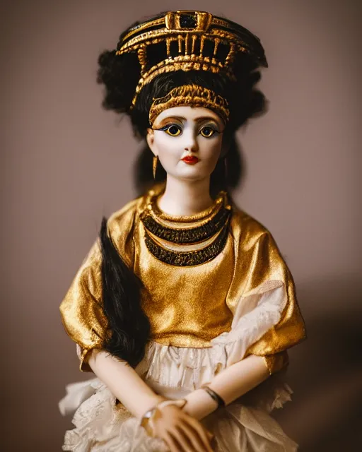 Image similar to high quality presentation photo of cleopatra as a porcelain doll, photography 4k, f1.8 anamorphic, bokeh, 4k, Canon, Nikon