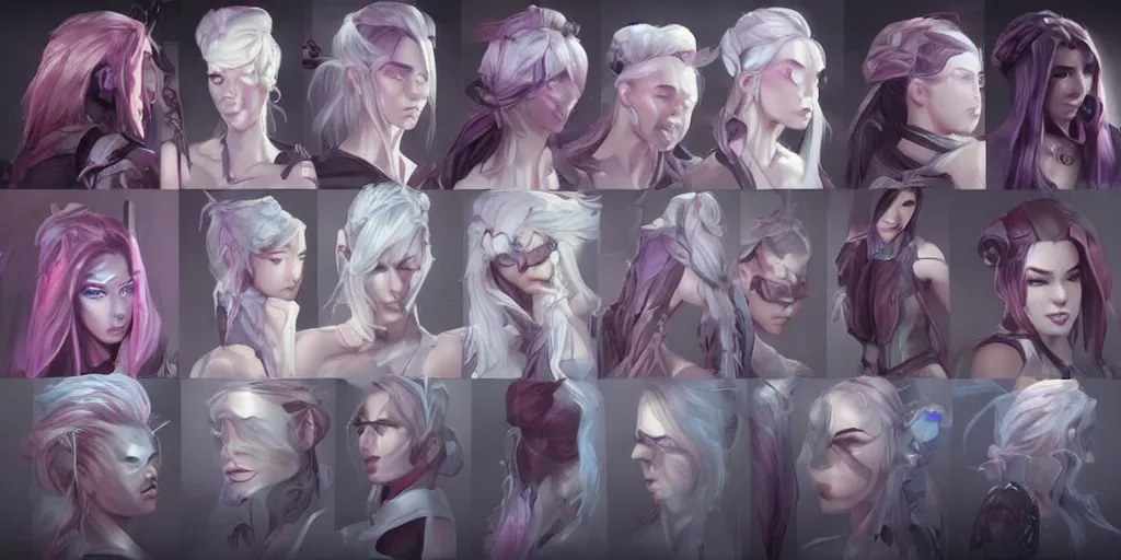 Image similar to concept art of young female netrunner d & d video game characters head designs, unique hair designs, by marc brunet and artgerm