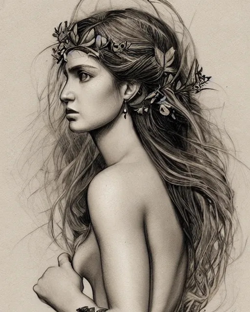 Prompt: tattoo sketch of the beautiful greek goddess aphrodite wearing a laurel wreath with arrowhead earrings, piercing eyes, beautiful flowing hair, hyper realistic face, in the style of greg rutkowski, fantasy, amazing detail, epic, elegant, smooth, sharp focus