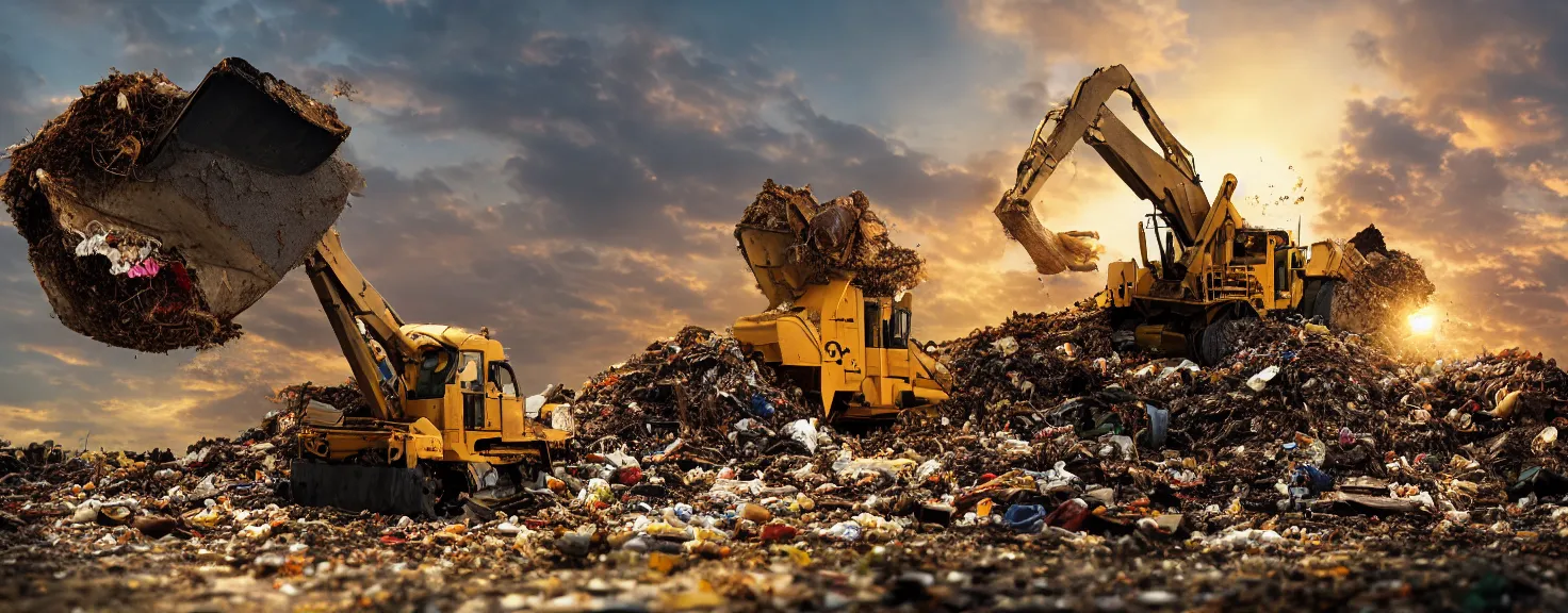 Image similar to Silhouette of single CAT caterpillar bulldozer moving garbage on junkyard heap, photorealistic image, golden hour, low angle shot, very detailed