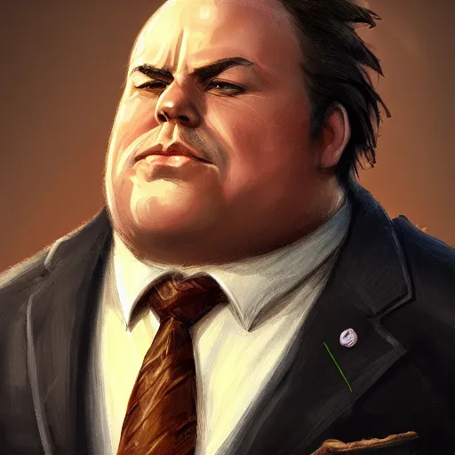 Image similar to a portrait of a short fat man with long curly black hair and a brown suit, D&D, sci-fi, elegant, hopeful, muscular, highly detailed, digital painting, artstation, concept art, smooth, sharp focus, illustration