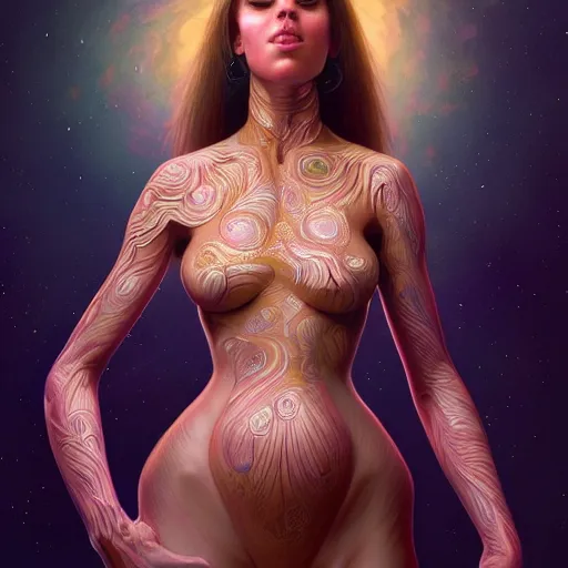 Prompt: wide angle full body portrait of a female Neelix, with a perfect face and perfect body, thin waist, intricate, single face, psychedelic, highly detailed, digital painting, artstation, concept art, smooth, sharp focus, illustration, Unreal Engine 5, 8K, art by artgerm and greg rutkowski and alphonse mucha