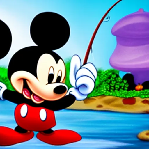 Prompt: mickey mouse is fishing a giant fish