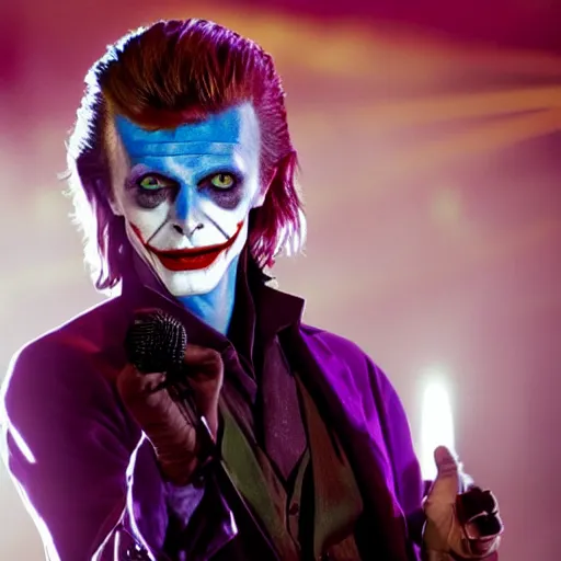 Prompt: awe inspiring David Bowie pkaying The Joker 8k hdr movie still dynamic lighting