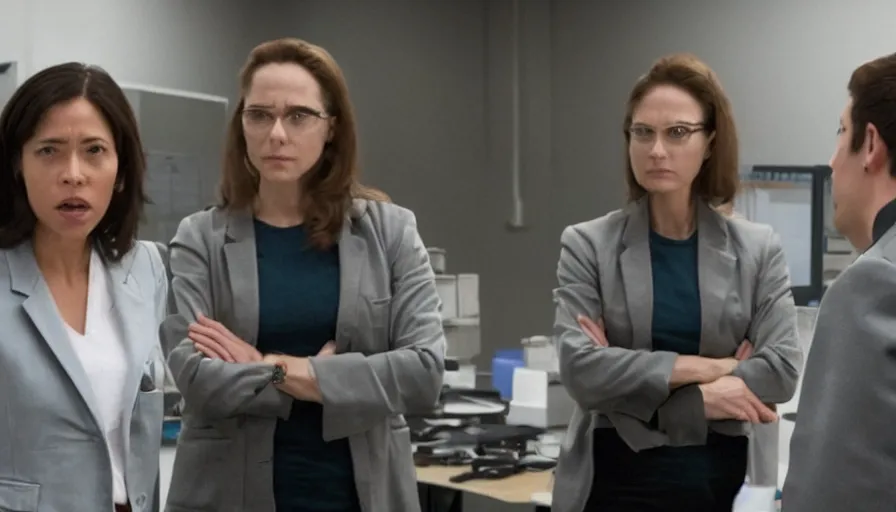 Image similar to big budget action movie about female scientist confronts male ceo about secret cyborg project.