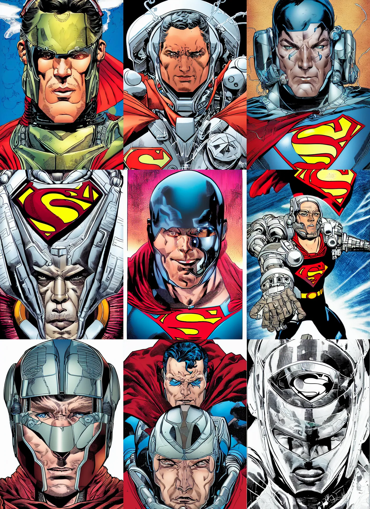 Prompt: dynamic macro head portrait of dangerous christopher reevee superman cyborg sci - fi armor by cory walker and ryan ottley and jack kirby and barry windsor - smith, comic, illustration, photo real