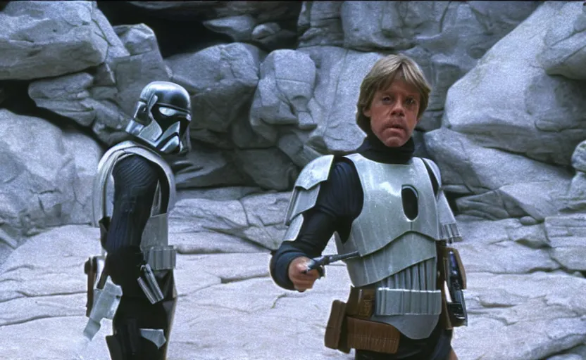 Prompt: screenshot portrait of Luke Skywalker, played by Mark Hammill, wearing deathtrooper armor, outside a rocky Jedi Temple scene from The Force Awakens, 1980s film by Stanley Kubrick, moody lighting, stunning cinematography, hyper-detailed, sharp, anamorphic lenses, kodak color film, 4k