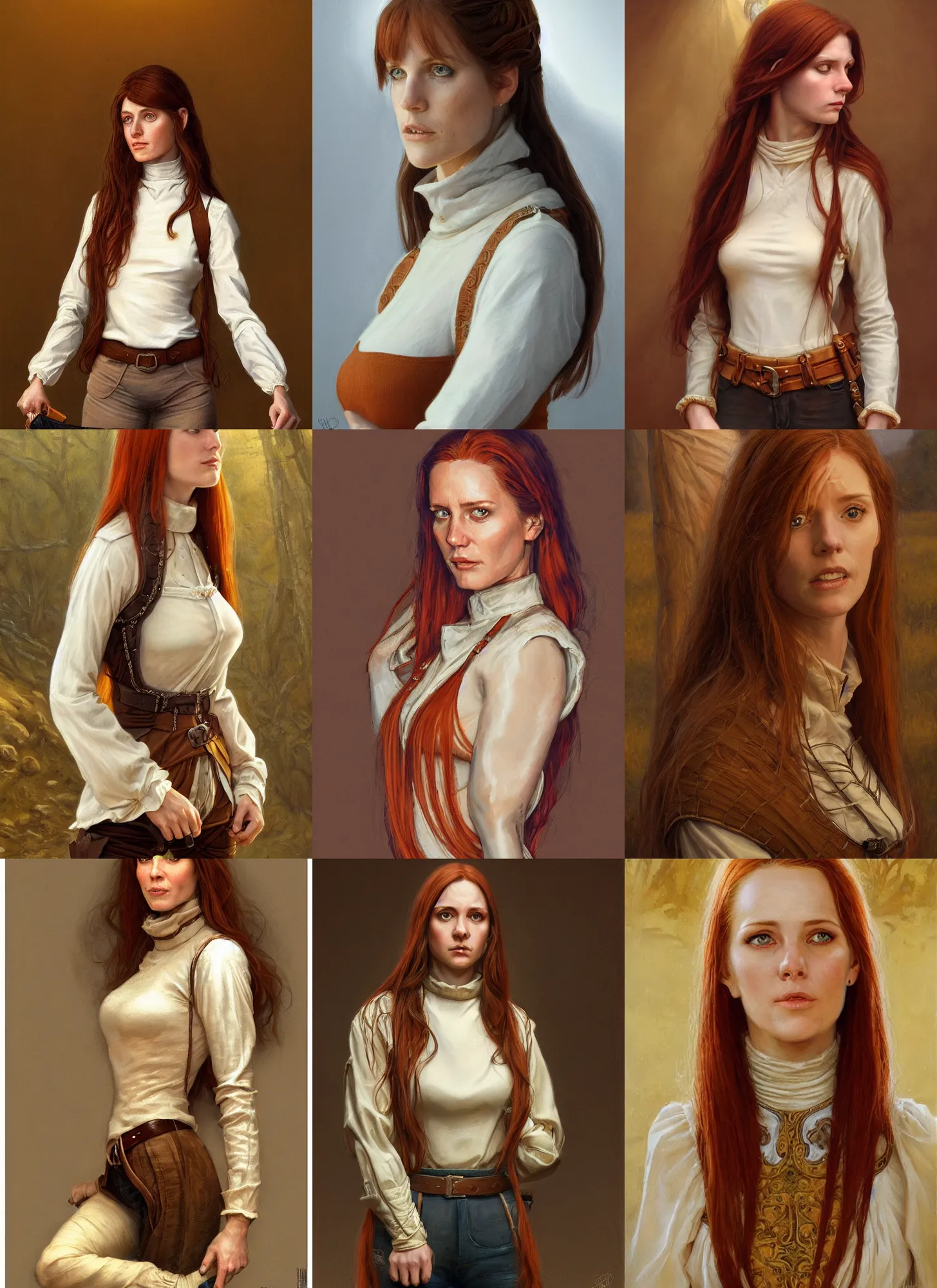 Prompt: a portrait of a white woman in her twenties, she has long orange brown hair, wearing a white shirt, brown turtleneck vest, medieval, style by donato giancola, wayne reynolds, jeff easley dramatic light, high detail, cinematic lighting, artstation, dungeons and dragons