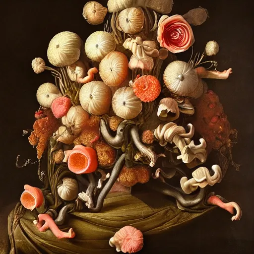Image similar to disgusting disturbing dutch golden age bizarre mutant flower floral still life with many human toes very detailed fungus disturbing tendrils bizarre slimy forms sprouting up everywhere by rachel ruysch black background chiaroscuro dramatic lighting perfect composition high definition 8 k 1 0 8 0 p