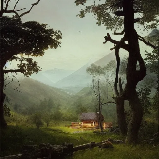 Image similar to a homesteader standing on the porch of his log cabin. pastoral tribute to caspar david friedrich. a wide expansive valley with verdant foliage, tall broad oaks, a beautiful pellucid river running betwixt gorgeous igneous rock driven up by glaciers borderlands cel-shading illustration ismail inceoglu