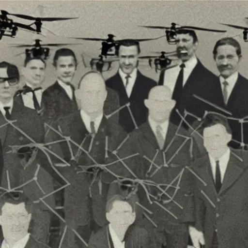 Image similar to vintage photograph of a close-up on a group of business men surrounded by drones, in a dump field, in the style of Terry Gilliam