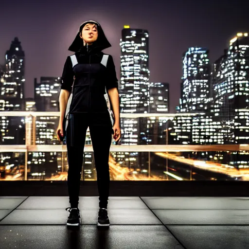 Image similar to photographic portrait of a techwear woman, closeup, on the rooftop of a futuristic city at night, sigma 85mm f/1.4, 4k, depth of field, high resolution, 4k, 8k, hd, full color