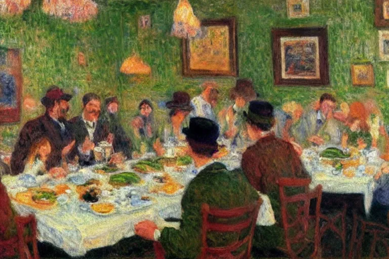 Prompt: hipster monet eating avacado toast at a busy brunch in an upscale fusion restaurant, impressionist painting by monet