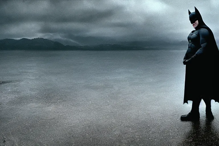 Prompt: a cinematic painting of ricky gervais as batman near a lake on a rainy day, beautiful lighting, high depth, ultra realistic, artistic, by annie leibovitz and greg rutowski