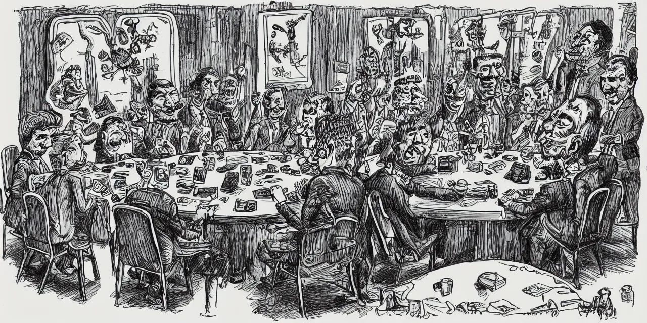 Image similar to surreal caricature sketch by r. crumb, theme of giant insects playing cards while seated around a round table