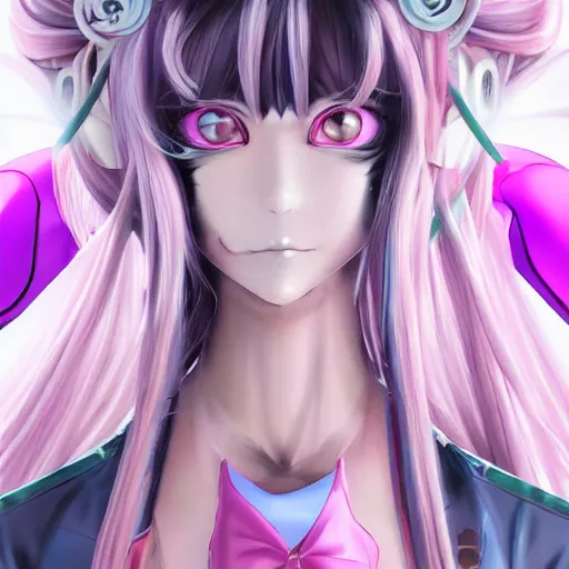 Image similar to stunningly beautiful omnipotent megalomaniacal anime ai goddess who looks like junko enoshima with symmetrical perfect face and porcelain skin, pink twintail hair and cyan eyes, traps you inside her inescapable full dive vr prison where she controls you completely!!!, hyperdetailed, digital art from danganronpa, unreal engine 5, 8 k