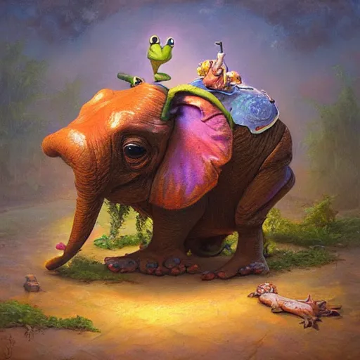 Image similar to frog - elephant creature, colorful oil painting by justin gerard