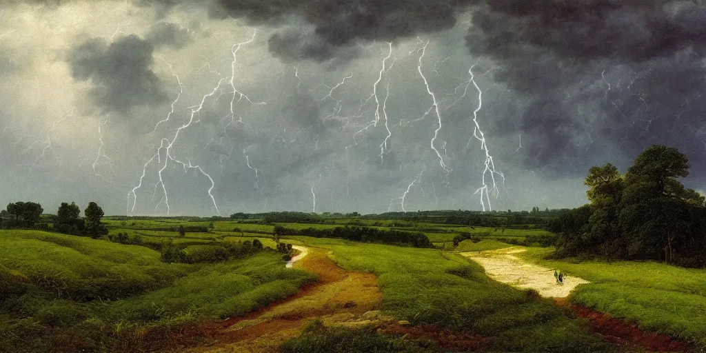 Prompt: a beautiful landscape painting of a path through countryside fields and patches of woodland, raining, storm clouds, lightning, by caspar david friedrich, oil on canvas, highly detailed, hd, 4 k
