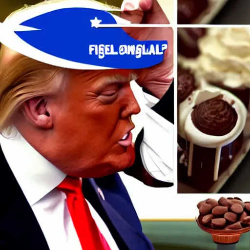 Prompt: donald j. trump shooting chocolate pudding from his fingertips onto liberals