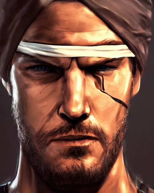 Image similar to solid snake wearing bandana on head portrait, cinematic lighting, backlit face, tired expression, close - up, black atmospheric background, 4 k ultra detailed digital photoshop painting, best of artstation hdr, official artwork hdr