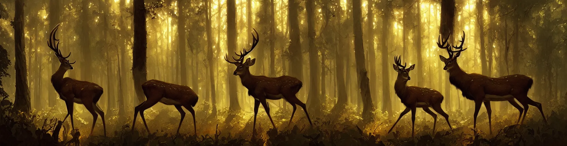 Image similar to Deer in Sherwood Forest, highly detailed, digital painting, artstation, concept art, smooth, sharp focus, illustration, art greg rutkowski and alphonse mucha