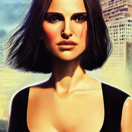 Prompt: closeup portrait of natalie portman from the movie leon the professional, city background, dramatic light, gorgeous view, depth, high detail, digital art, painted by greg rutkowski and seb mckinnon, by tim burton, trending on artstation