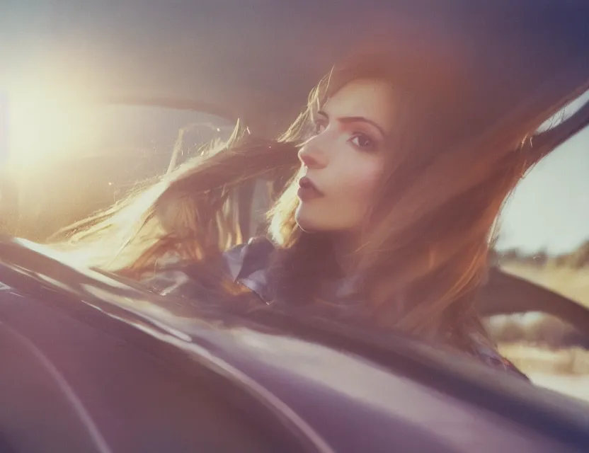 Prompt: girl in window of car, blowing hair on a wind, aesthetic moment, motion photo, early morning, golden hour, bleach bypass, warm tones, beige colors, sunlight, digital 2 d, polaroid, high - key lighting, by lisa yuskavage, by serov valentin, by krenz cushart