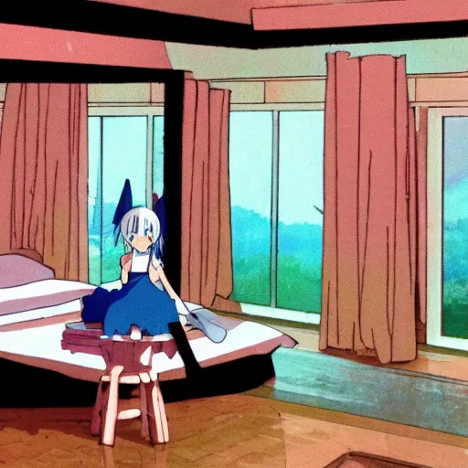 Image similar to bedroom in studio ghibli, Zero Two sitting on bed, anime style