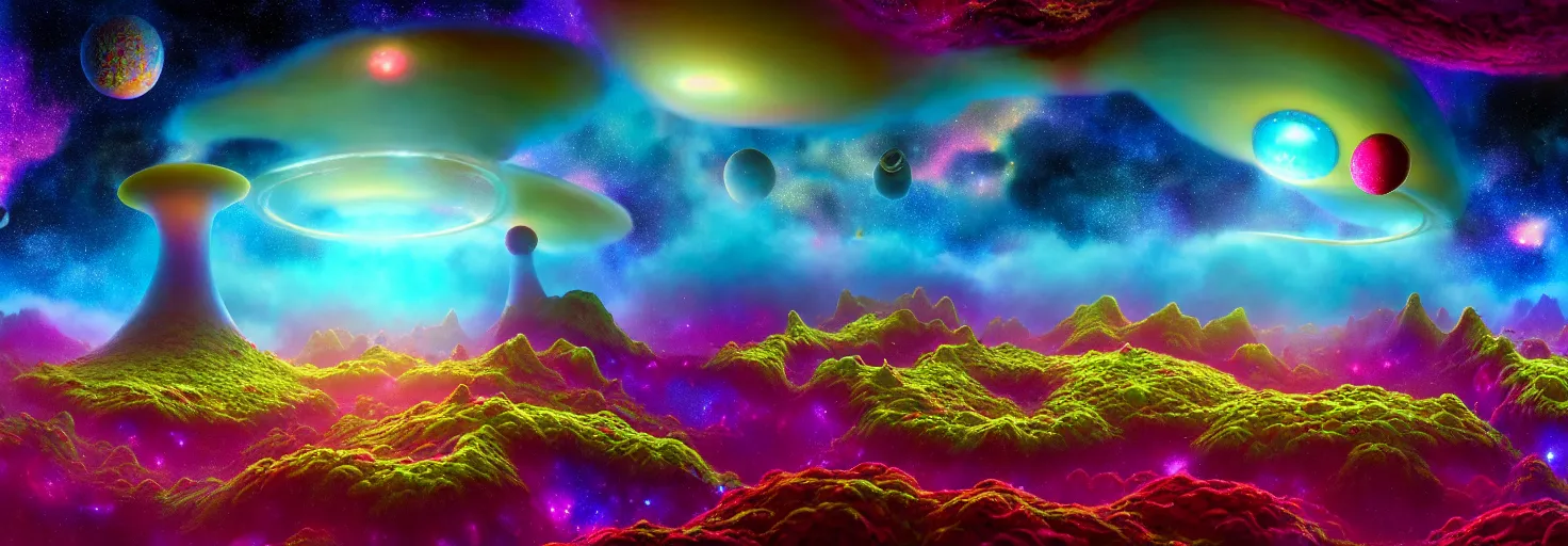 Prompt: a view of a surreal alien variated planetary fractal landscape with gigantic and small colorful exotic fungus of varying densities and sizes scattered across the vast landscapes, surreal clouds, floating islands, 4 k, retro, detailed, vibrant, weird skies, extradimensional, stars, galaxies, trending on artstation