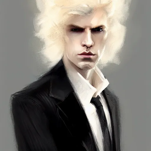 Image similar to Portrait of an androgynous man by Greg Rutkowski, he is about 30 years old, mixture between russian and irish, long fluffy blond curly hair, attractive, extremely pale white skin, smart looking, he is wearing a black futuristic lawyer outfit, highly detailed portrait, scifi, digital painting, artstation, concept art, very very very pale skin, very very long curly blond hair, smooth, sharp foccus ilustration, Artstation HQ