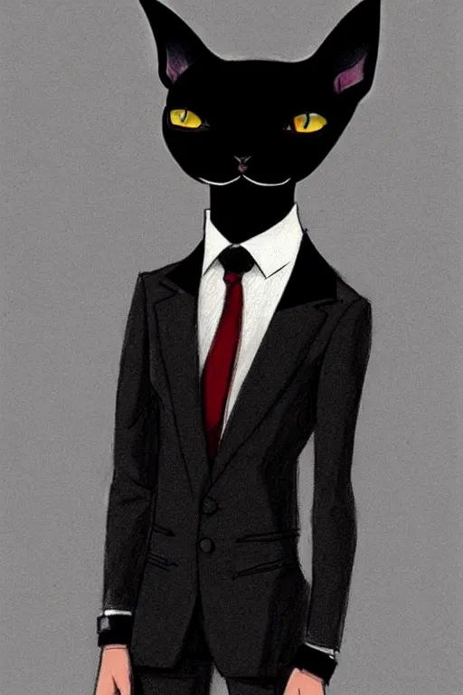 Image similar to a drawing of a black sphynx cat wearing a black suit and tie, smug expression, sideways stance, torso cut off, looking up at focal point, a character portrait by ilya kuvshinov, featured on pixiv, official art, concept art