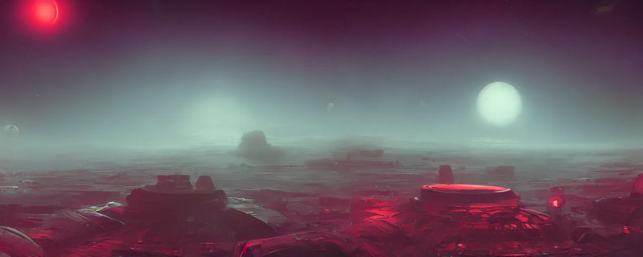 Image similar to ” outer planet with thick fog and distant spaceship dock, [ cinematic, detailed, epic, widescreen, opening, establishing, mattepainting, photorealistic, realistic textures, octane render, art by paul lehr ] ”