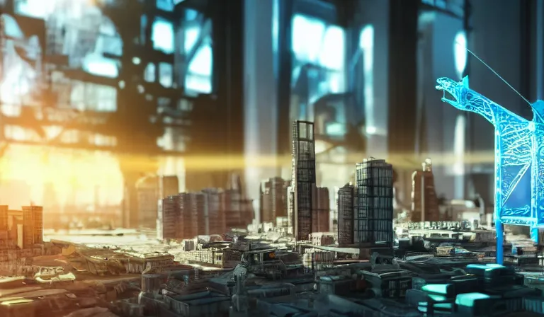 Image similar to group of people in simple warehouse, looking at hologram of futuristic city on a table, cinematic concept art, godrays, golden hour, natural sunlight, 4 k, clear details, tabletop model buildings, center model buildings, hologram center, crane shot, crane shot, crane shot