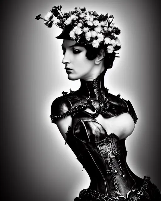 Image similar to a black and white high quality dreamy photo of a young beautiful female queen-pale dragon-vegetal-many big steampunk flowers-cyborg bust with a very long neck, elegant, highly detailed, poetic, soft, dreamy, mysterious, high fashion, in the style of Diane Arbus, Realistic, Refined, Digital Art, Highly Detailed, Cinematic Lighting, rim light, black and white, photo-realistic, 8K