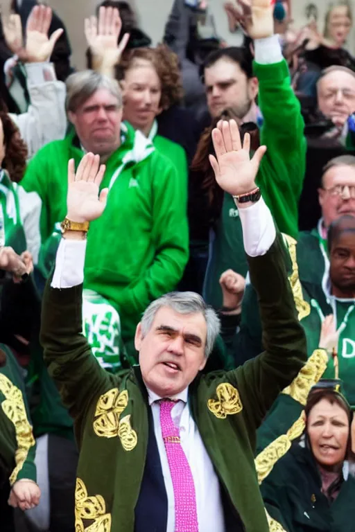 Prompt: gordon brown politician, dark hair, wearing a green tracksuit and gold necklace medallion, hands raised in the air,