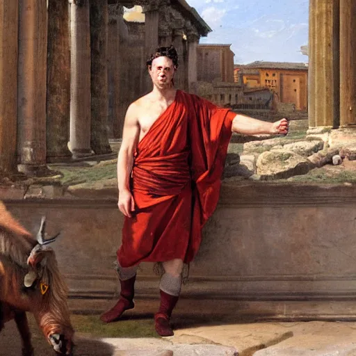 Image similar to idealized oil painting portrait of a man wearing a roman toga, posing with a highland cow, in the roman forum.