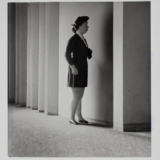 Image similar to ortrait of a nurse standing at wall, photo by wiliam eggleston