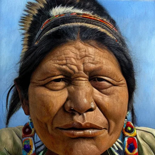 Prompt: high quality high detail painting by lucian freud, hd, full body of a indigenous tribe powerfull woman leader, photorealistic lighting