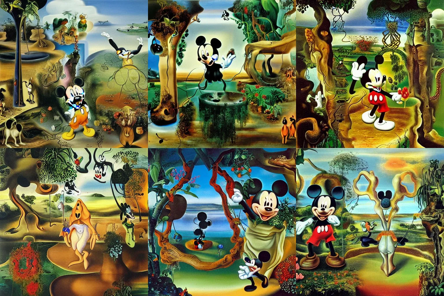 Prompt: mickey mouse entering the garden of eden, oil painting by salvador dali, masterpiece