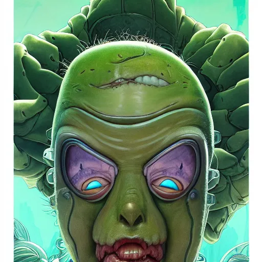 Image similar to pickle rick sanchez portrait by gaston bussierre and charles vess and james jean and erik jones and rhads, inspired by ghost in the shell, beautiful fine face features, intricate high details, sharp, ultradetailed