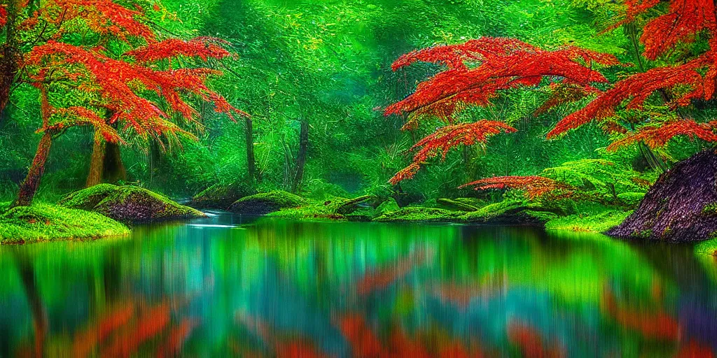 Image similar to beautiful dryads, paradise forest, colorful leaves, reflections, river, grove glen, digital art, trending on deviantart